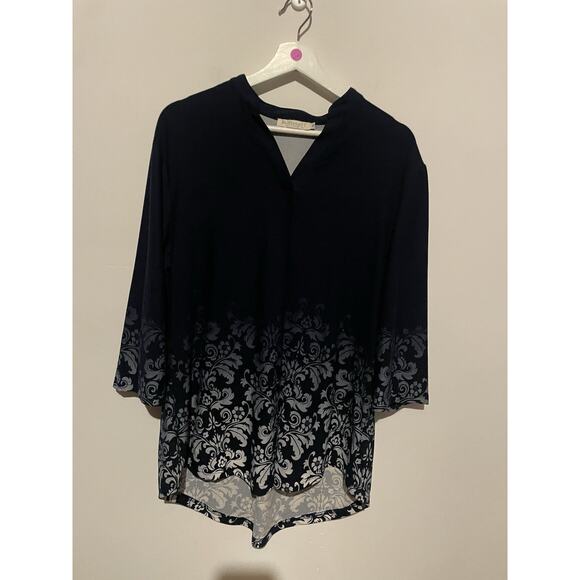 Bai Sheng GT Tunic Top 3/4 Sleeve Dark Blue White Damask Pattern Xl - Picture 1 of 6